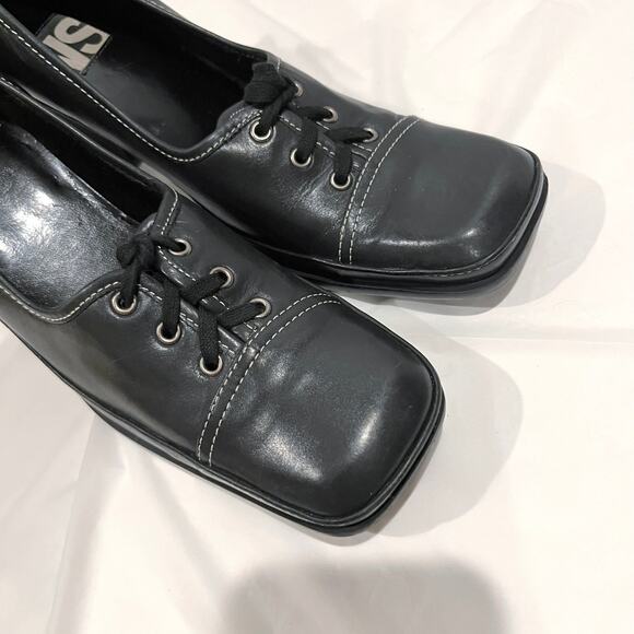 Vintage 90s Lace Up Oxford Size 8.5 Black Leather Square Toe Heels VS Macbeth - Picture 15 of 15